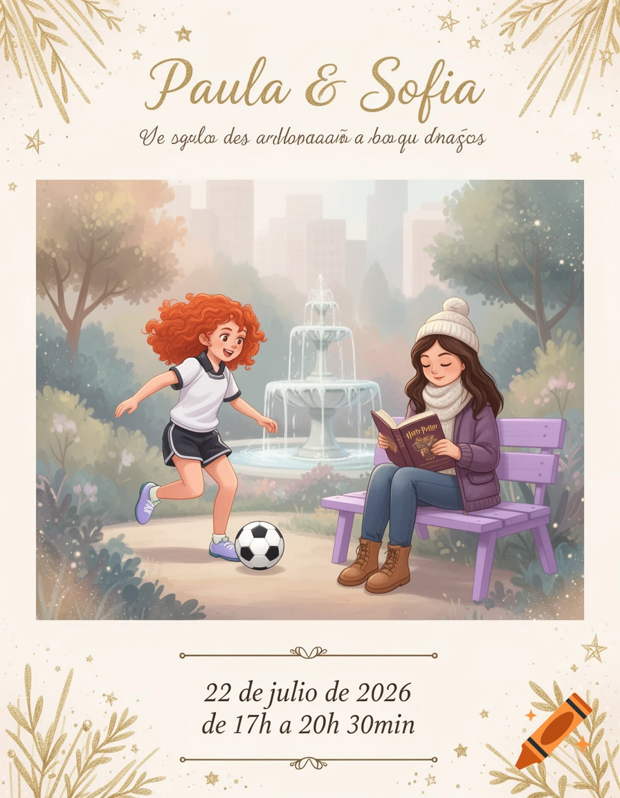 Digital illustration of two girls in a park: one playing soccer, one reading 'Harry Potter' on a bench. Text 'Paula & Sofia' and event details are also present.