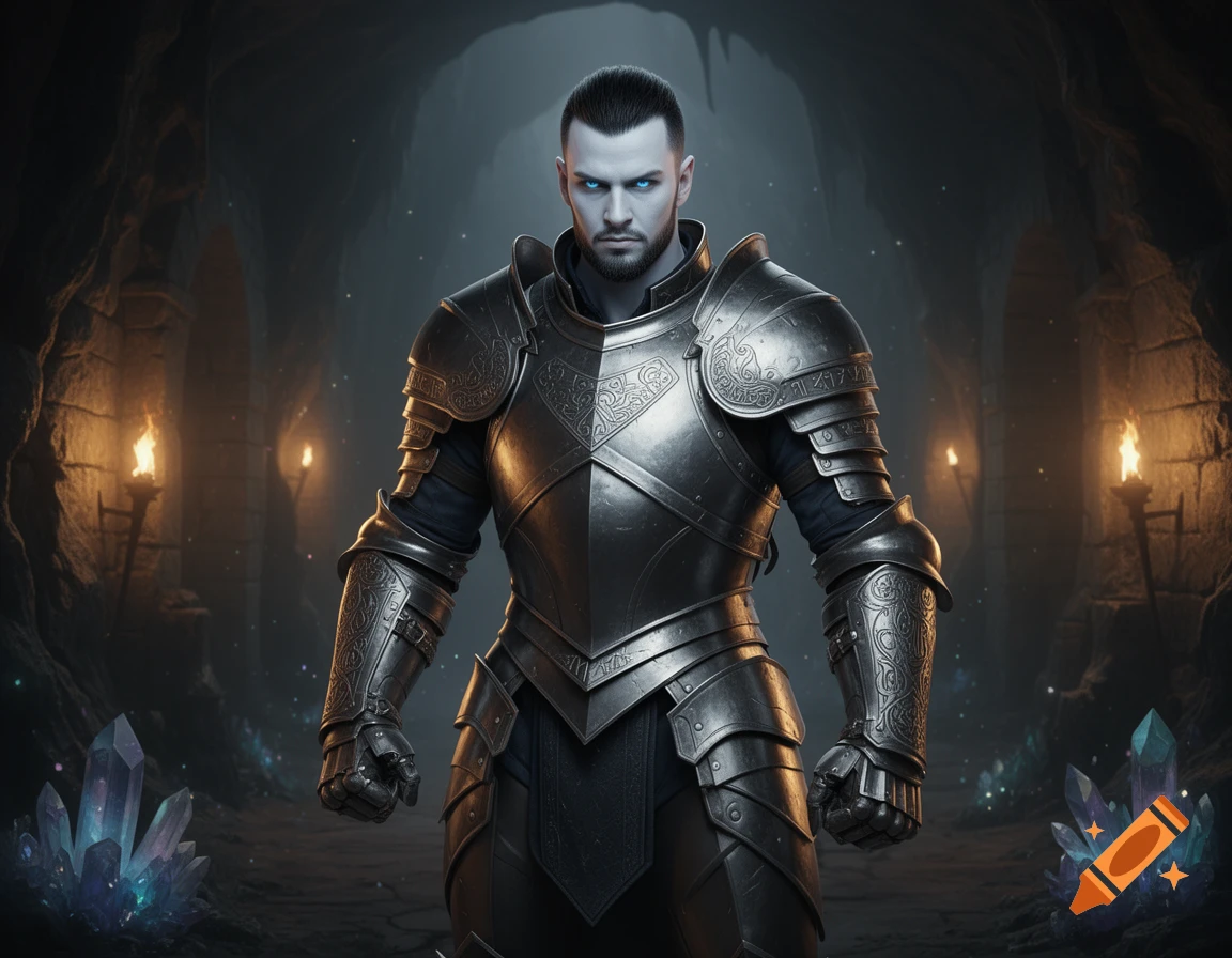 A warrior in ornate silver plate armor stands in a dark fantasy dungeon with glowing blue crystals and torches.
