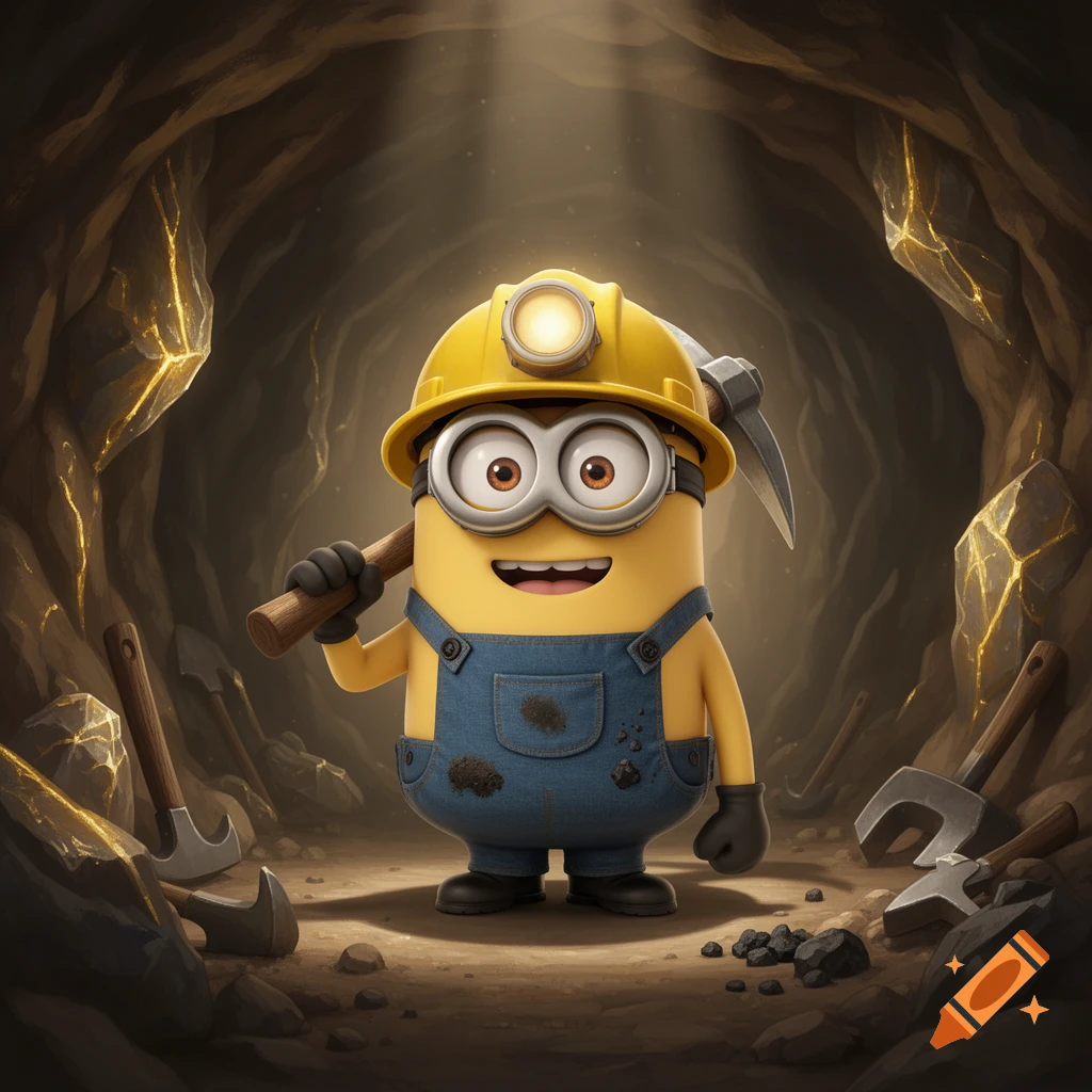 A Minion dressed as a miner, wearing a yellow hard hat with a light and denim overalls, holds a pickaxe in a dark cave with glowing gold ore.