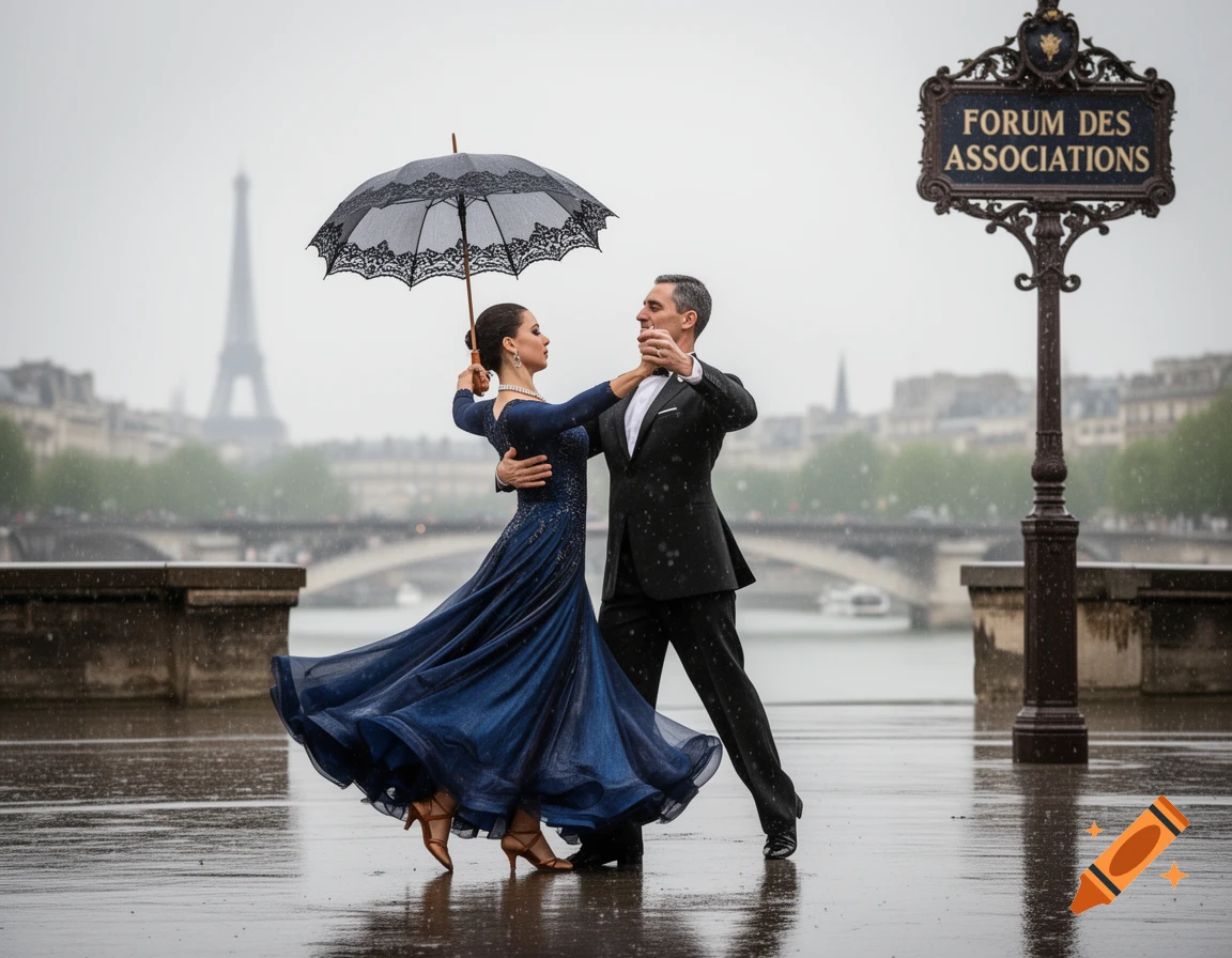 A formally dressed couple dances with an ornate umbrella in the rain on a Parisian street with the Eiffel Tower in the background.