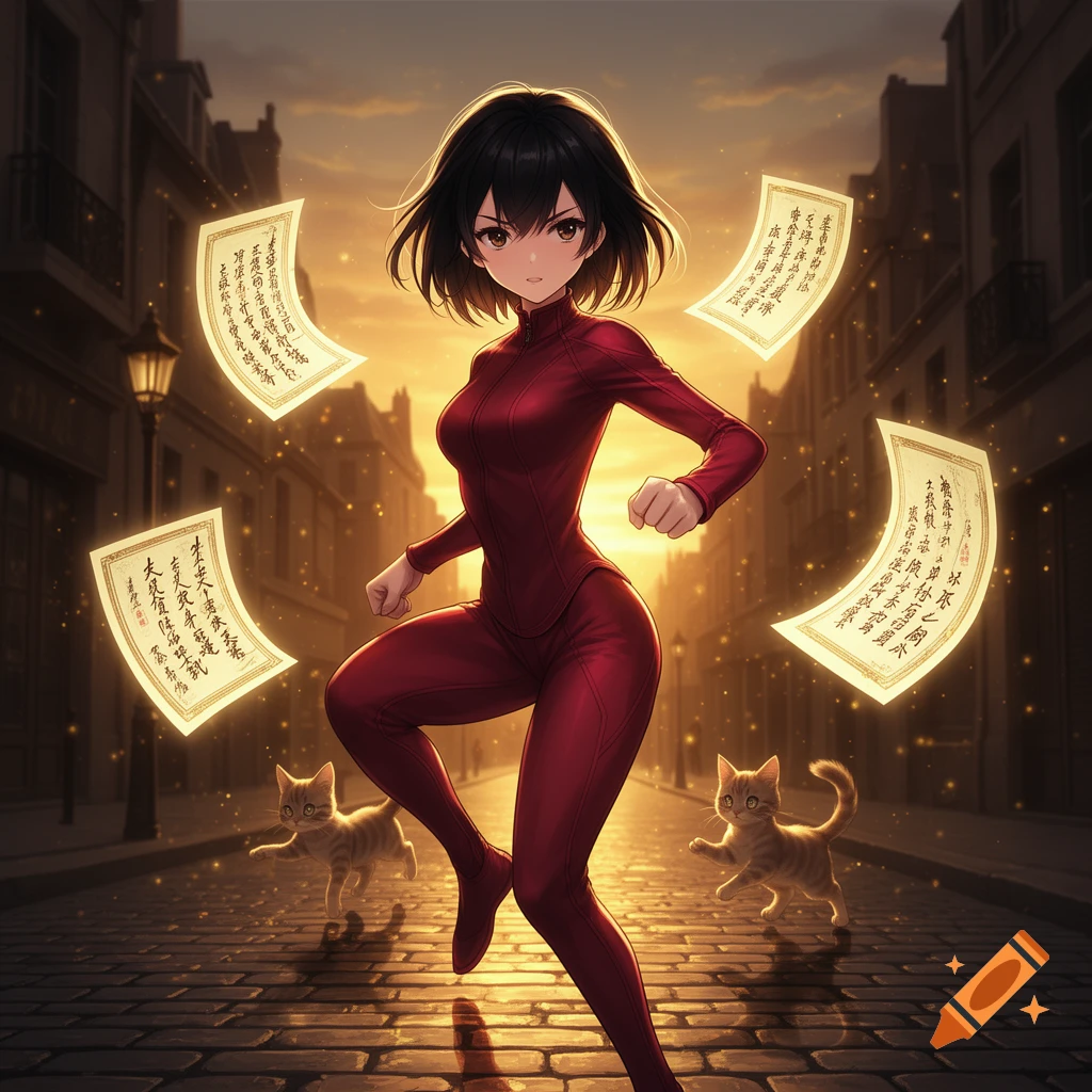 An anime girl in a red training suit leaps on a cobblestone street at sunset, surrounded by glowing papers and two cats.