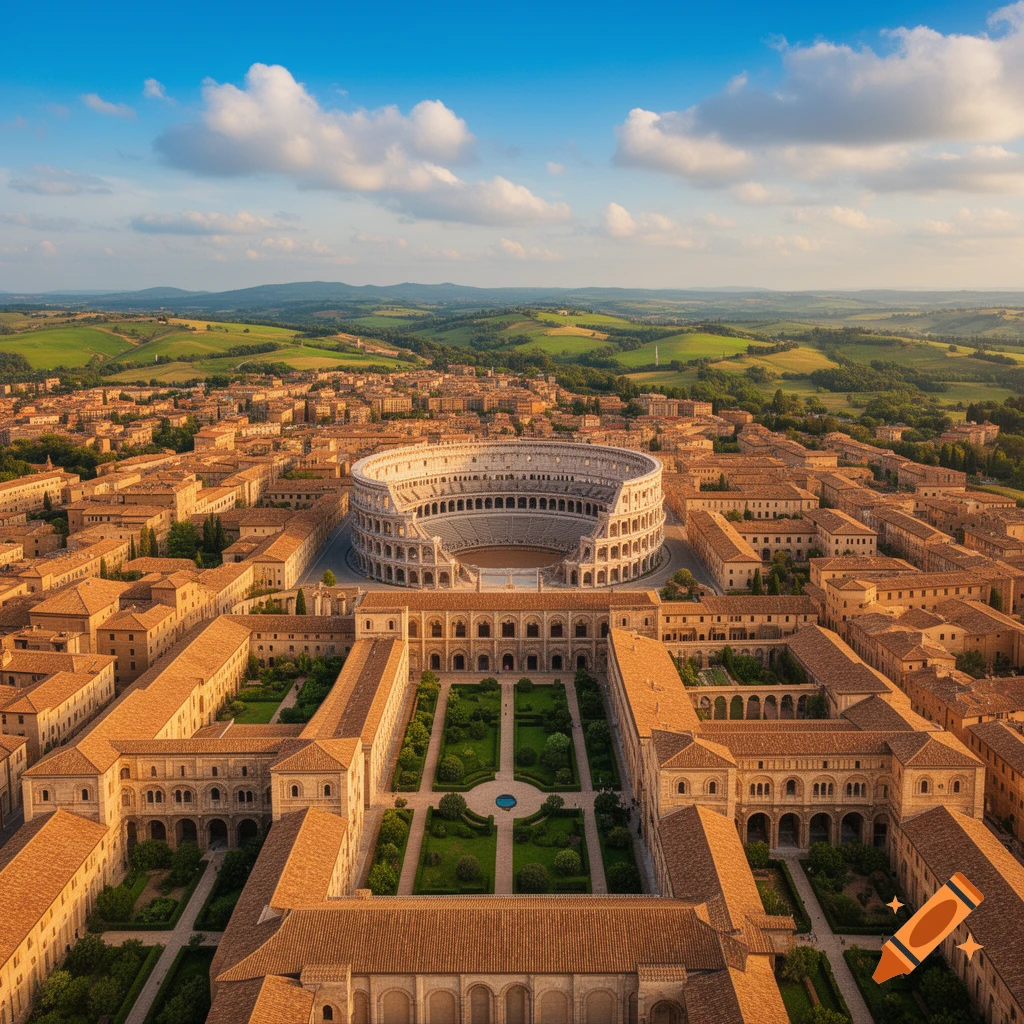 Aerial view of a city featuring a large Roman-style amphitheater surrounded by ancient buildings and green hills under a blue sky.