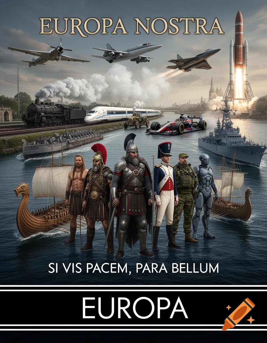 An epic collage of European progress featuring historical warriors, ships, trains, cars, planes, and a rocket, with text 'EUROPA NOSTRA' and 'SI VIS PACEM, PARA BELLUM'.