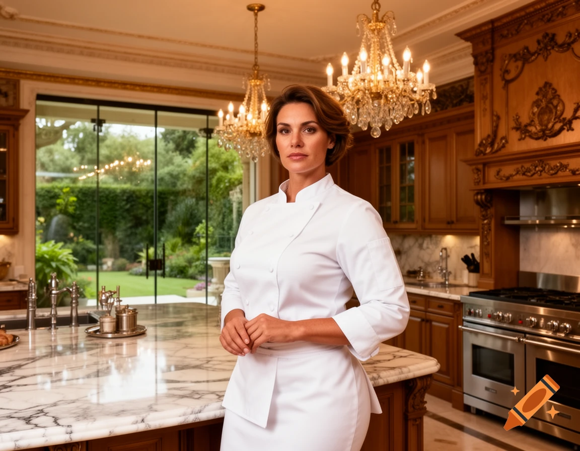Photorealistic portrait of a female chef in a white uniform standing in a luxurious kitchen with marble countertops.