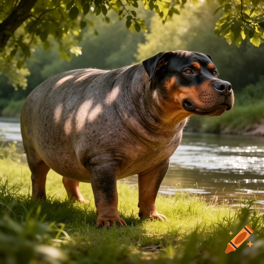 A photorealistic image of a unique animal, a Rottweiler's head on a hippopotamus body, standing by a sparkling river.