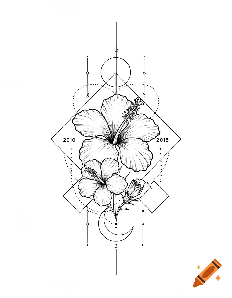 Fine-line tattoo design featuring hibiscus flowers, geometric shapes, a crescent moon, and the years 2010 and 2015 on a white background.