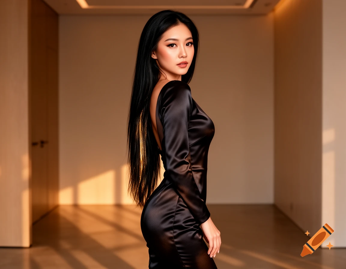A woman with long black hair wearing a sleek black satin dress, looking over her shoulder at the viewer in a modern room with warm light.