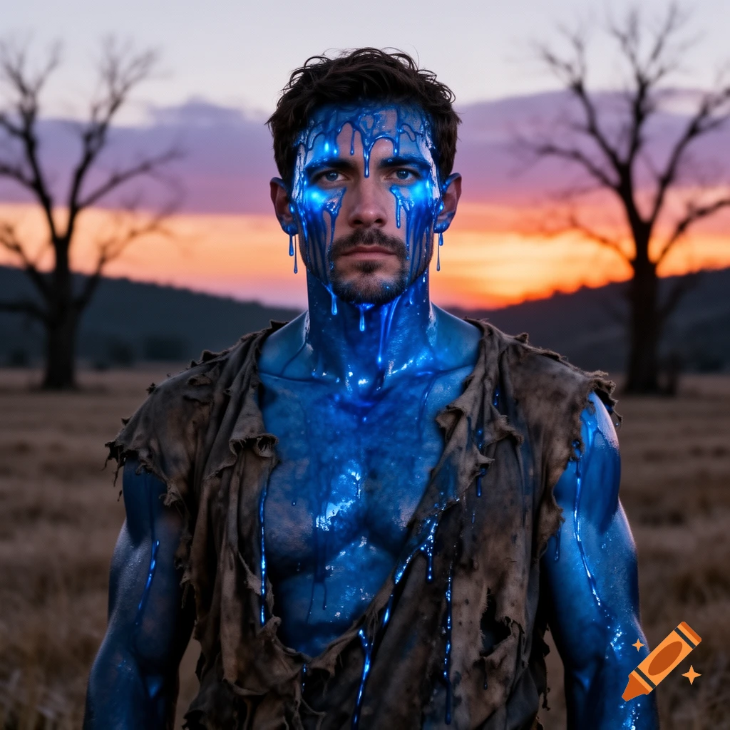 A photorealistic portrait of a man covered in glowing blue liquid, standing in a field at sunset.