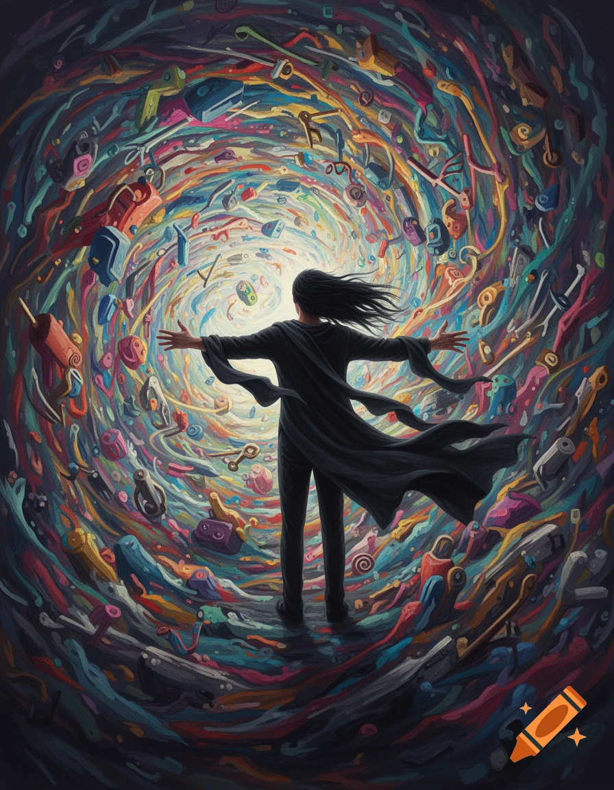 A person with long dark hair, seen from the back with arms outstretched, stands amidst a vibrant, swirling, abstract vortex of colorful objects.