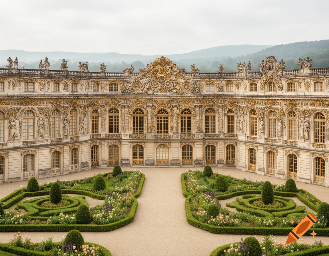 An ornate baroque palace with a gilded facade and a formal garden featuring manicured hedges and flowering plants.