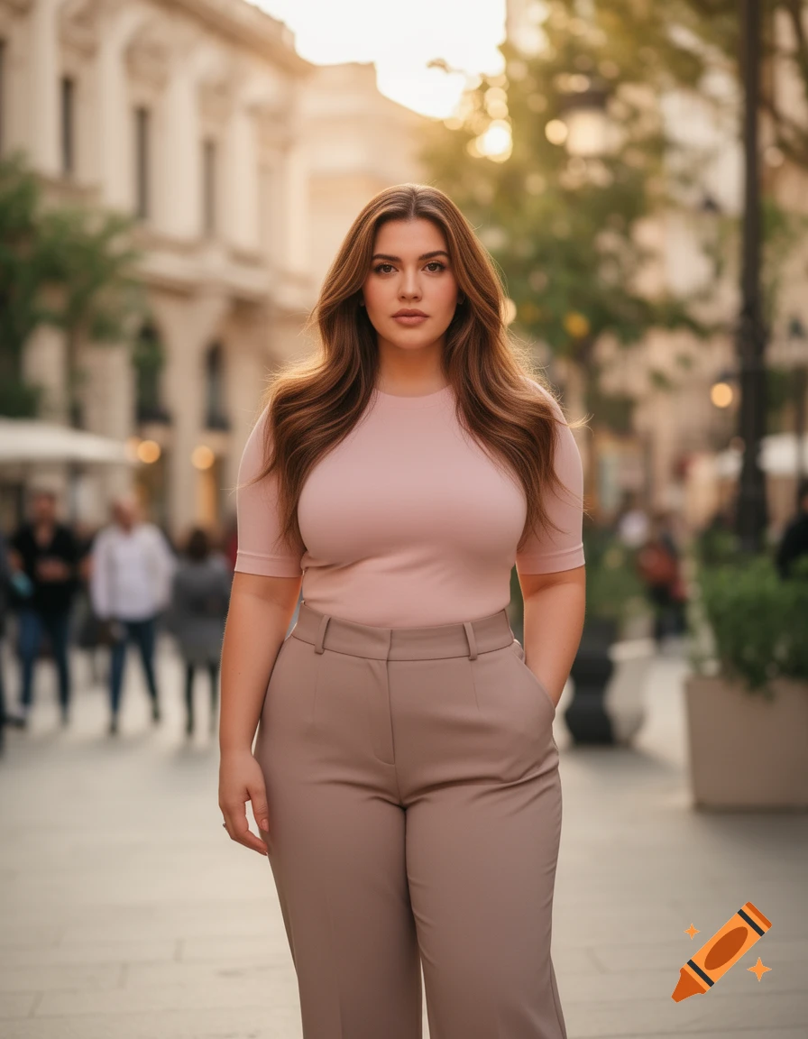 A woman with long brown hair, wearing a pink top and beige pants, stands on a sunlit city street, looking directly forward.
