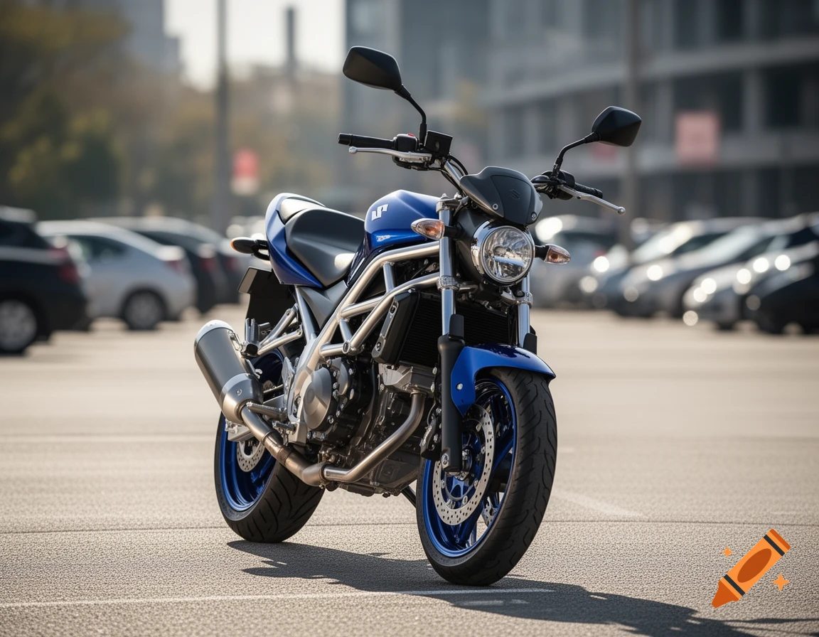 A blue sport motorcycle is parked in a sunny outdoor parking lot, with blurred cars in the background.