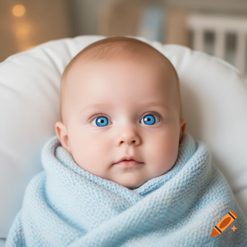 Close-up of a baby wrapped in a light blue blanket, looking directly at the viewer with striking blue eyes.