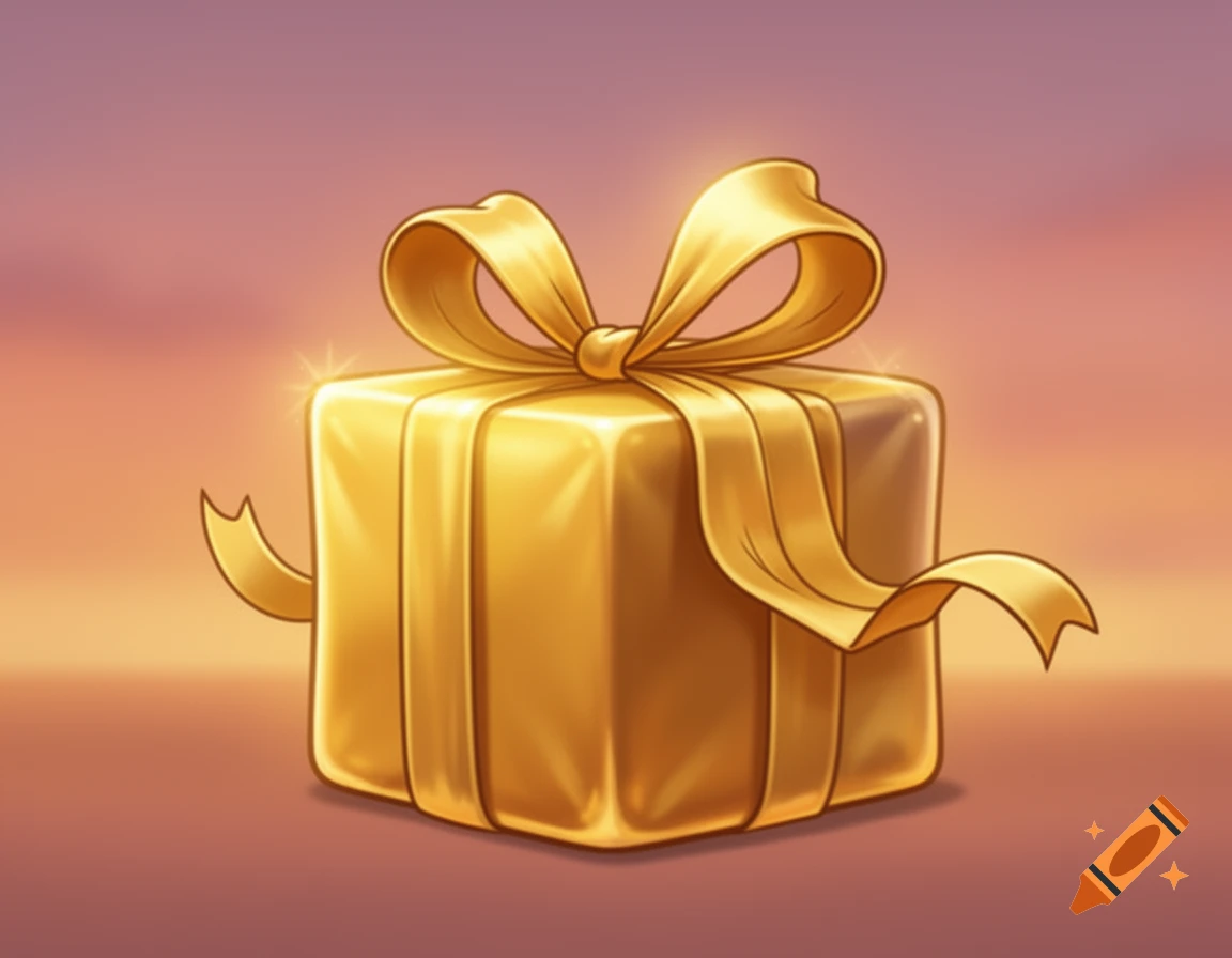 A shiny golden gift box with a golden ribbon and bow in a cartoon style, set against a soft gradient background.