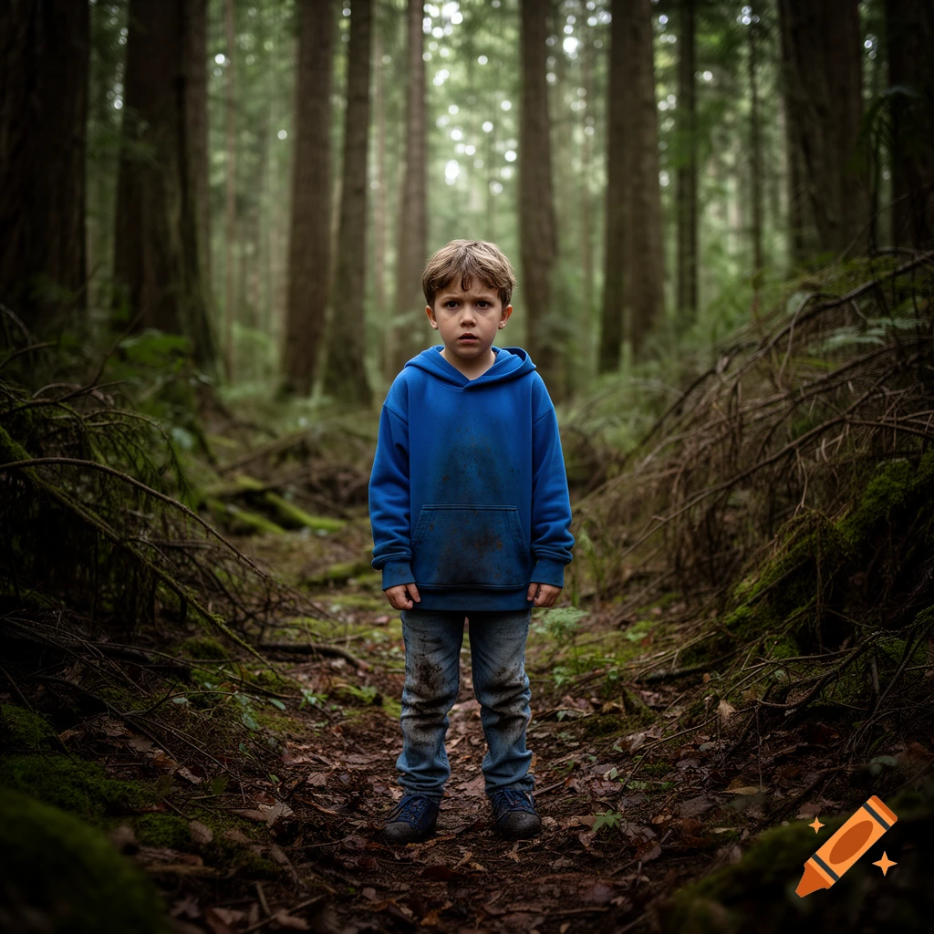 A lost-looking young boy in a blue hoodie and dirty jeans stands alone on a path in a dense, mossy forest.