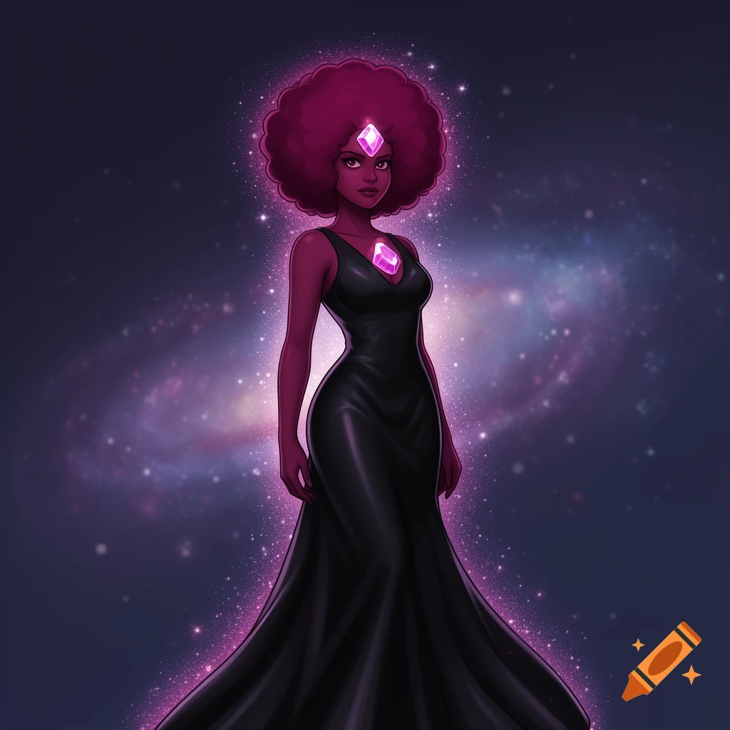 A stylized woman with dark skin, pink afro, and a black dress, glowing with pink light against a cosmic galaxy background.