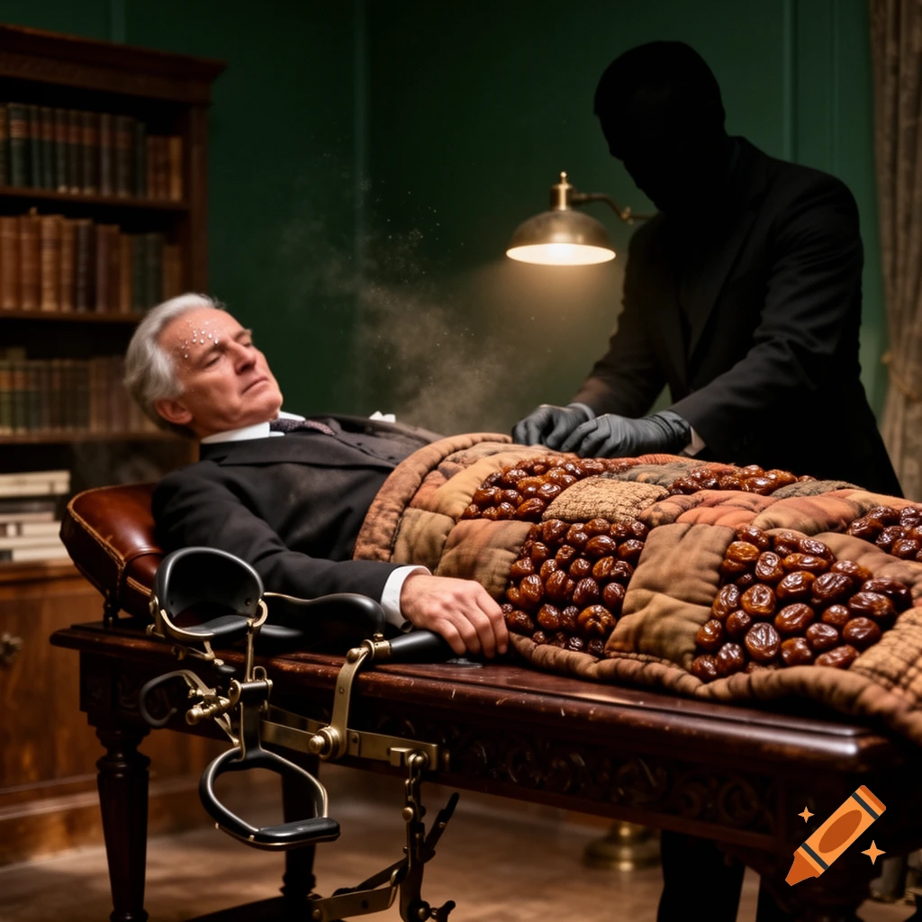 A man on a table covered by a raisin quilt, with a silhouetted figure standing over him in a dimly lit, mysterious room.