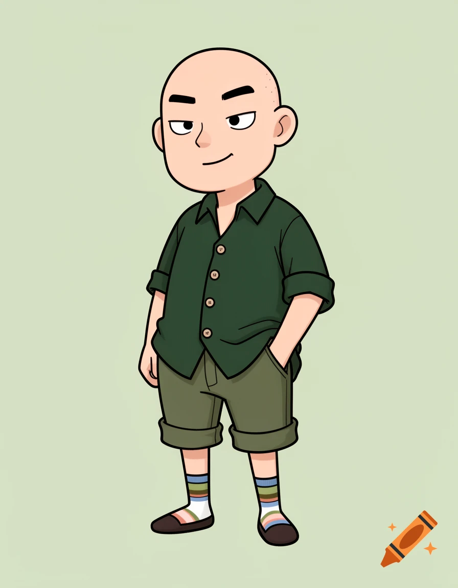 A bald cartoon man with East Asian features, wearing a dark green short-sleeved shirt, olive green shorts, striped socks, and brown shoes, standing against a light green background.