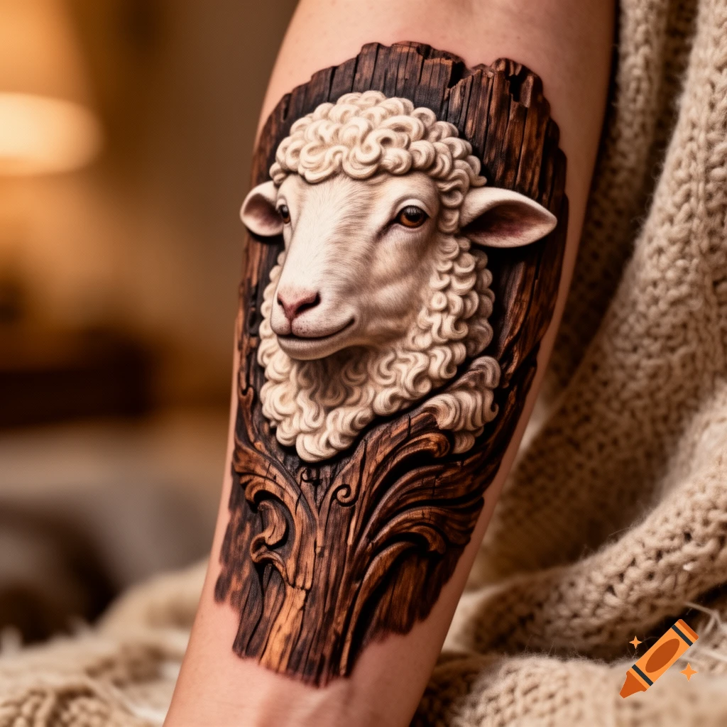 A realistic tattoo on an arm depicting a lamb's head carved from wood.