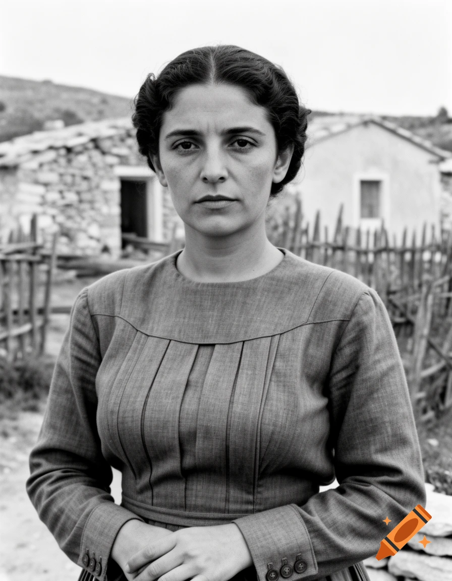 Black and white portrait of a serious 1940s Greek woman in modest clothing, standing in a rural village.