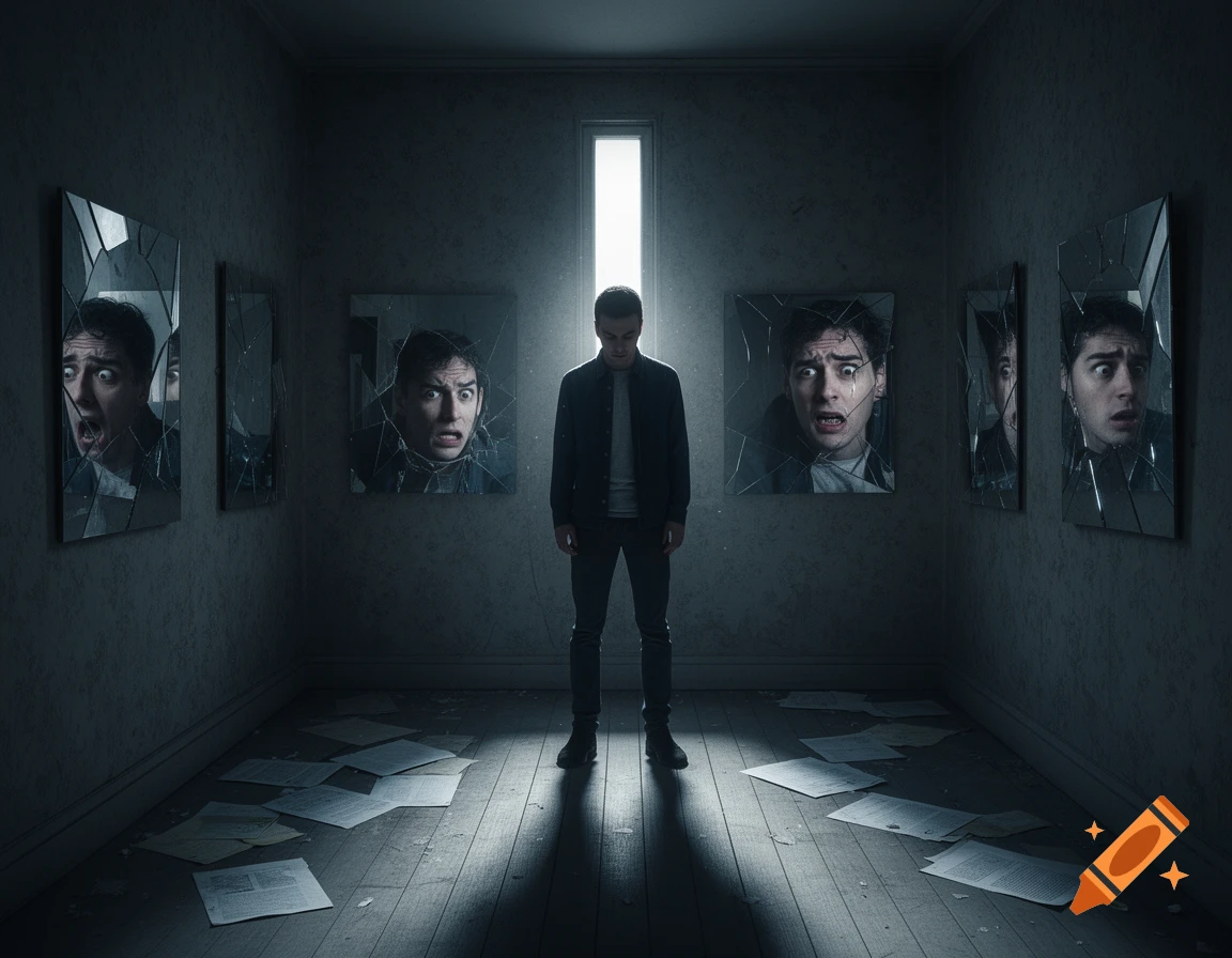 A man stands in a dark, desolate room, surrounded by broken mirrors reflecting distorted, screaming faces. Papers are scattered on the floor, lit by a single vertical window. The scene is photorealistic with dramatic lighting.