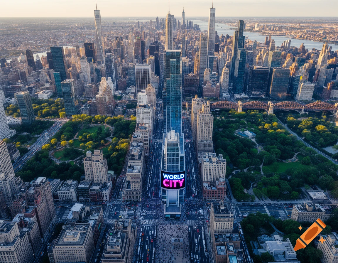 Photorealistic aerial view of a sprawling metropolis with skyscrapers and green parks, featuring a bright "WORLD CITY" sign.