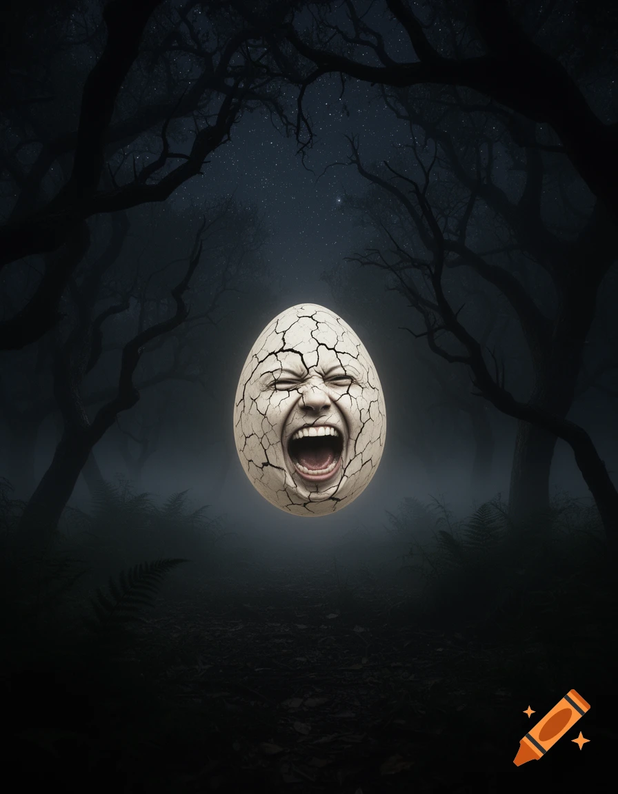 A cracked egg with a screaming human face floats in a dark, foggy forest under a starry sky.