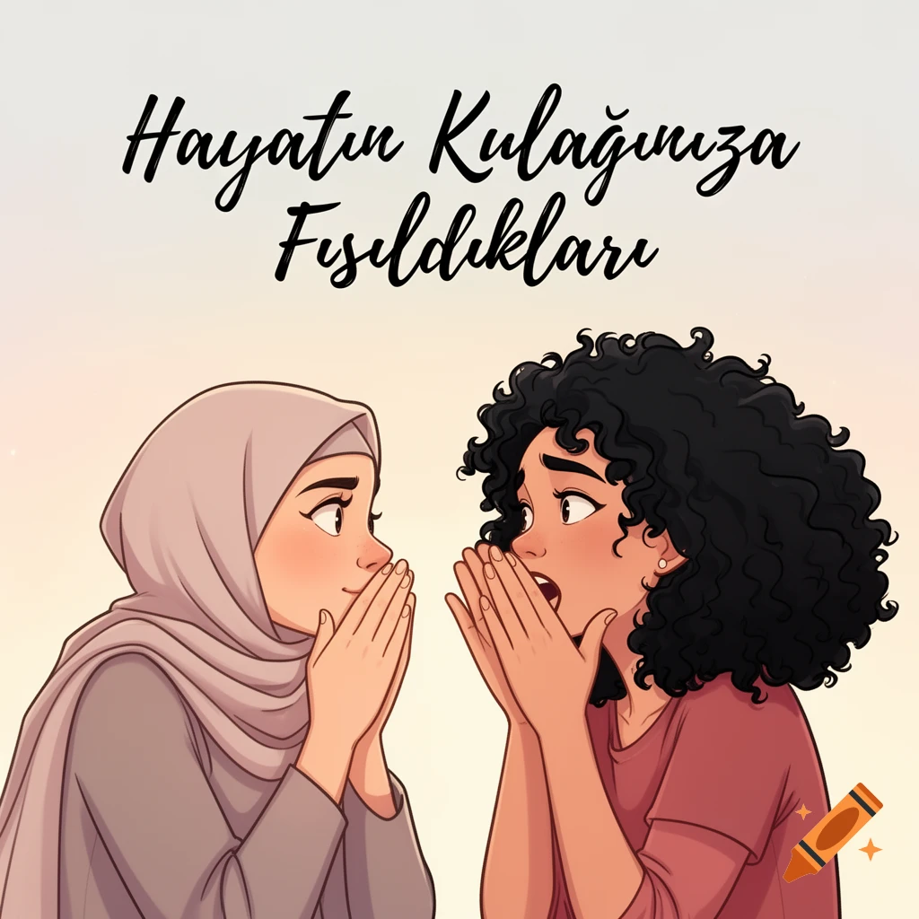 Cartoon illustration of a woman in a hijab whispering to a surprised woman with curly black hair, above Turkish text.