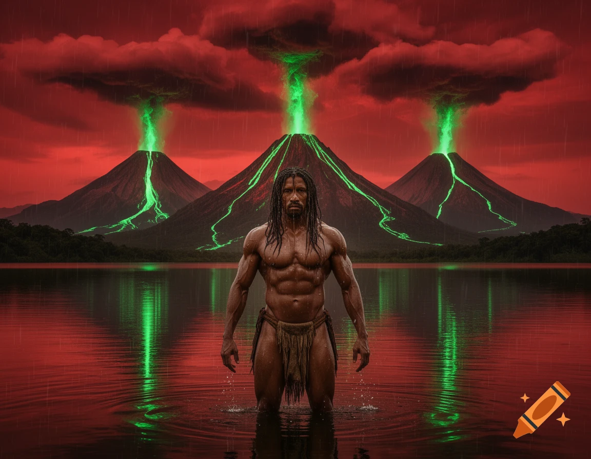 A muscular man with dreadlocks wearing a loincloth stands in red water as three volcanoes erupt with green lava under a red, rainy sky, reflecting in the lake.