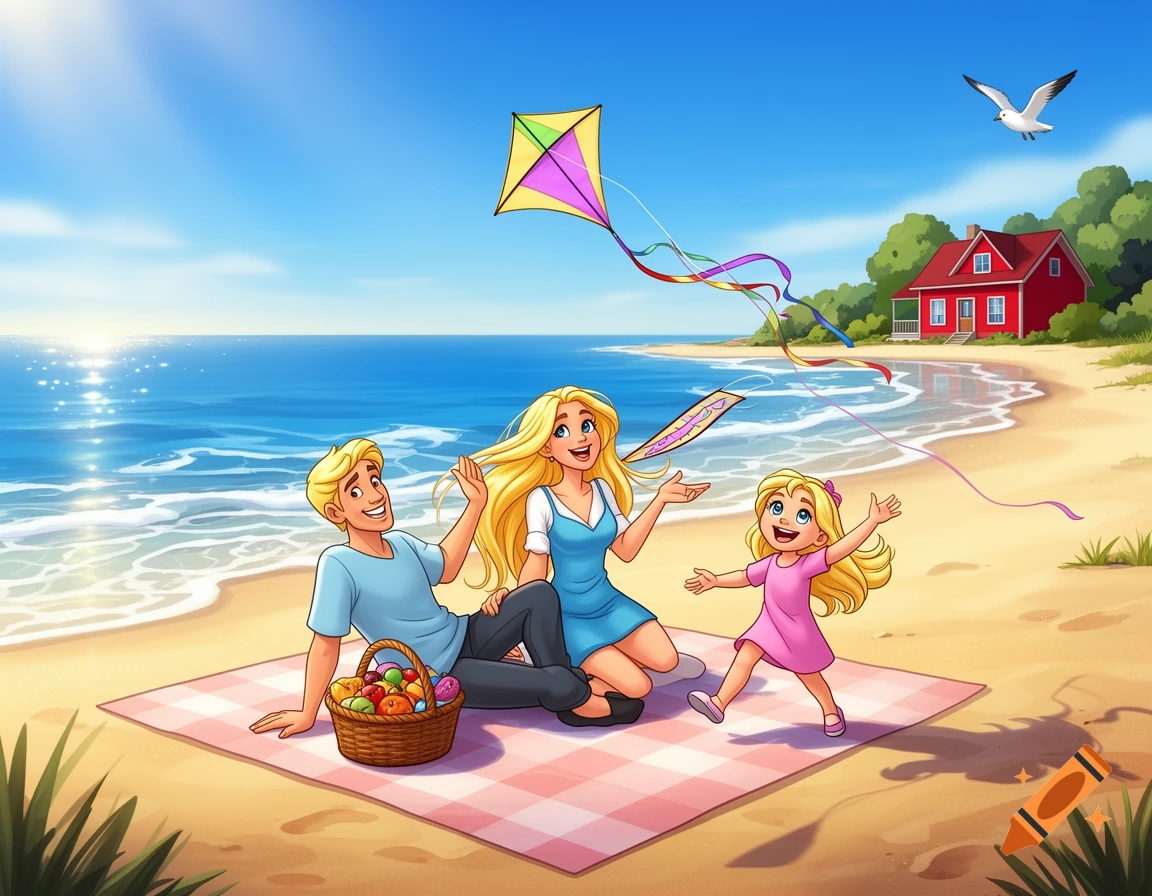 Animated cartoon family picnic on a sunny beach with a red house in the background and a kite flying.