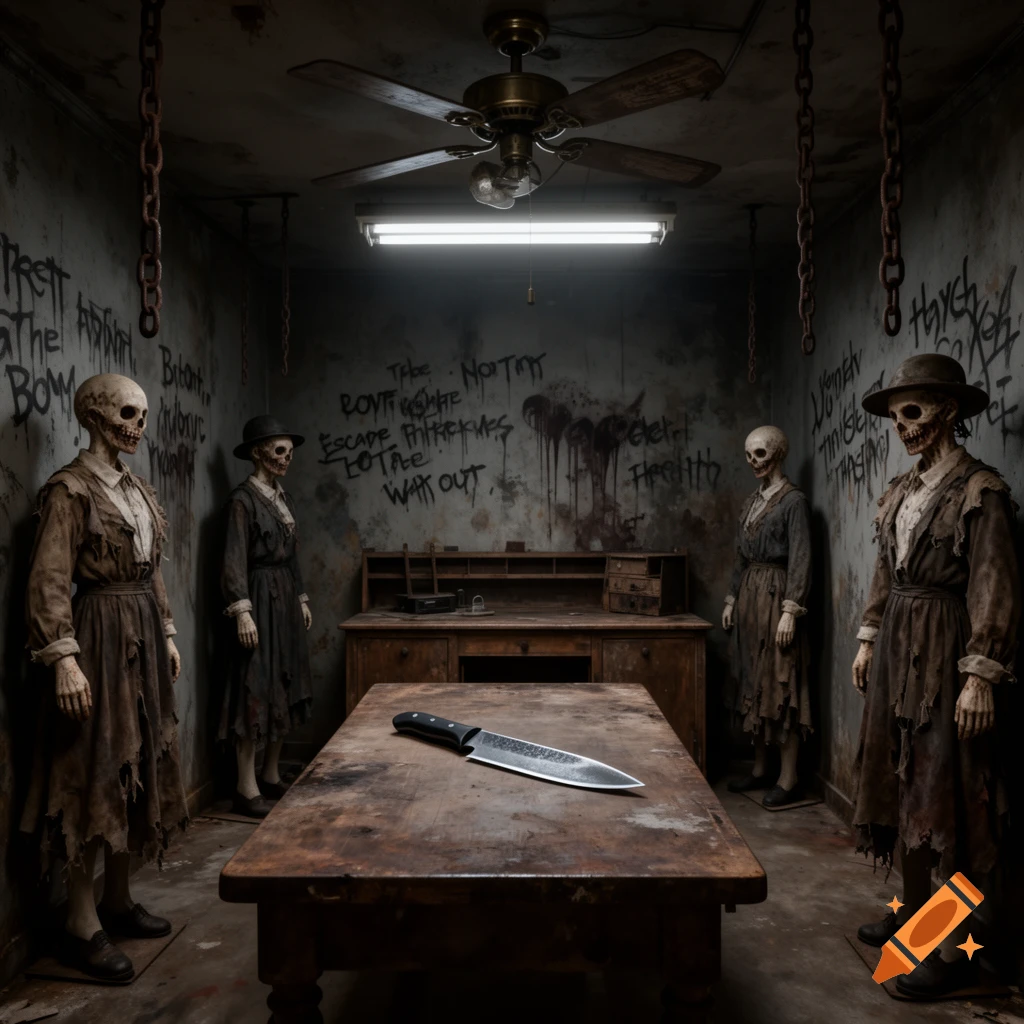 A dark, gritty escape room with four skeleton-like mannequins in torn dresses, a large knife on a wooden table, and eerie graffiti on the walls.