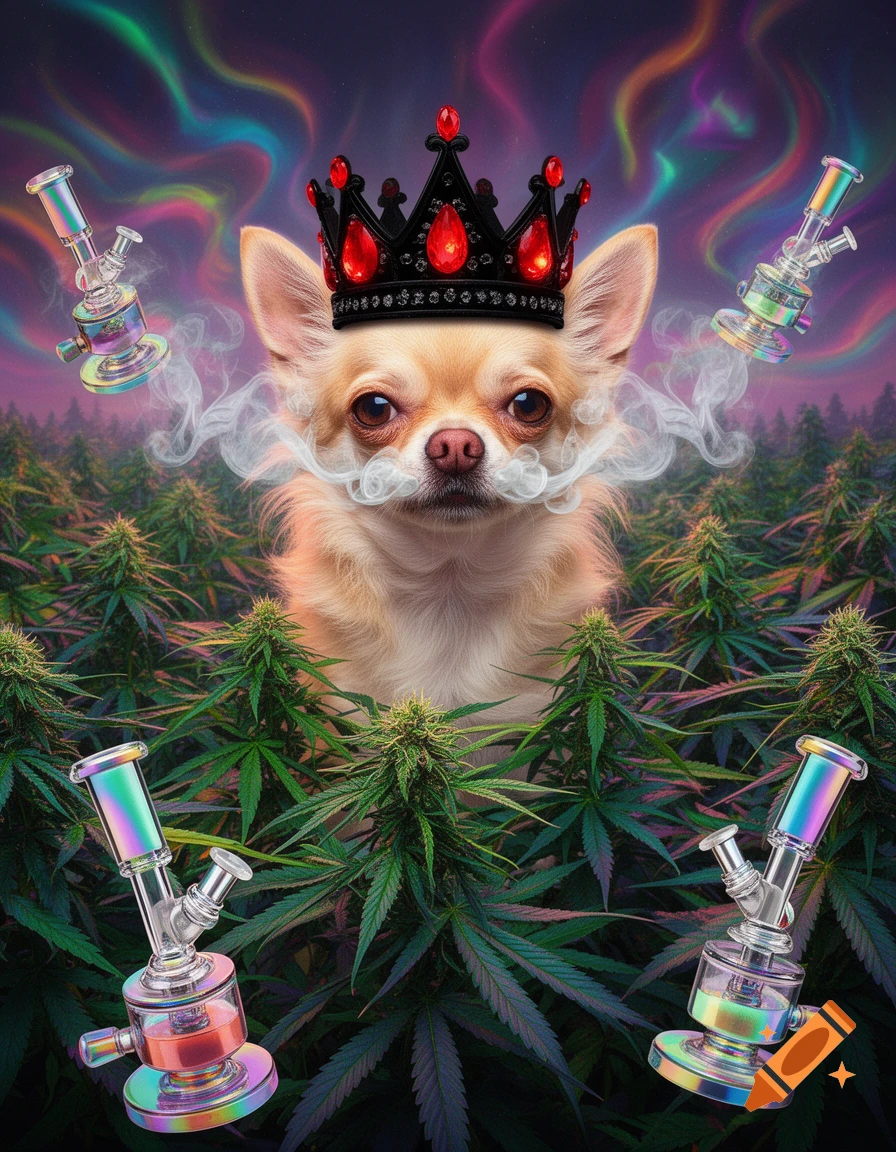 A chihuahua in a jeweled black crown, with smoke forming a mustache, stands in a cannabis field under a psychedelic sky, surrounded by iridescent bongs.