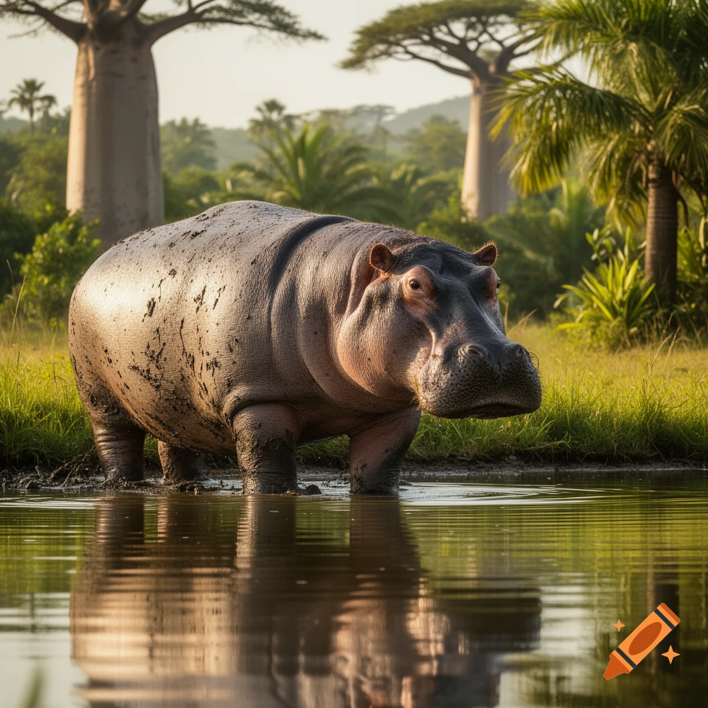 A photorealistic hippo stands partially submerged in water, looking forward, with lush foliage and baobab trees in the background.