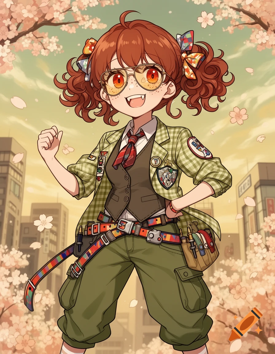 Smiling anime girl with orange pigtails, glasses, freckles, and fangs, wearing a plaid jacket and cargo pants with cherry blossoms.