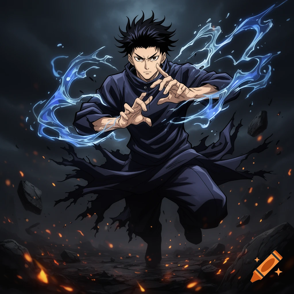 Anime character with spiky black hair in a dark robe, hands poised with swirling blue energy, amidst flying rocks and embers.