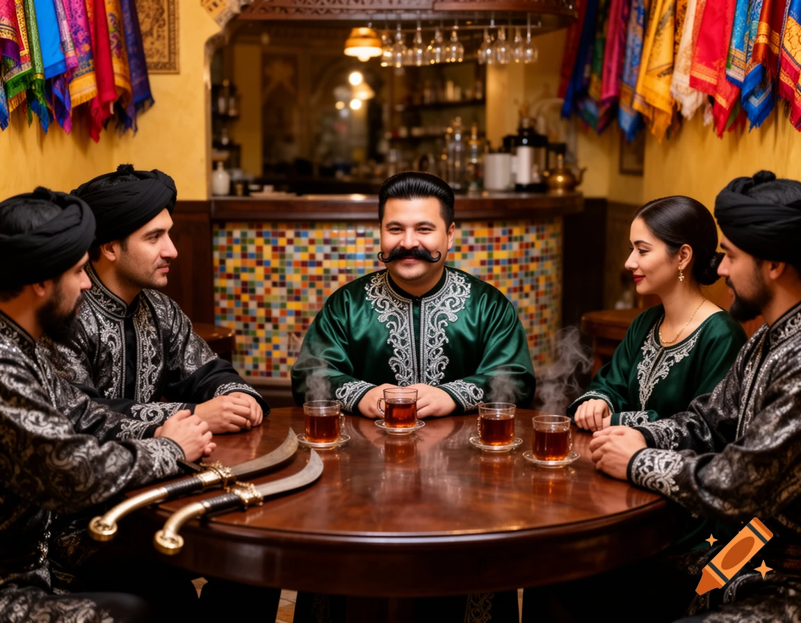 Four people in oriental attire, including a man with a mustache in a green kaftan, sit around a table with steaming tea and scimitars in a tea room.