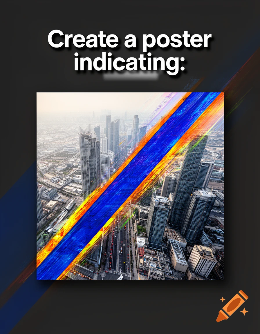 Aerial view of a city with numerous skyscrapers and a highway, diagonally bisected by a vibrant blue and orange abstract stripe. White text at the top reads, "Create a poster indicating:"