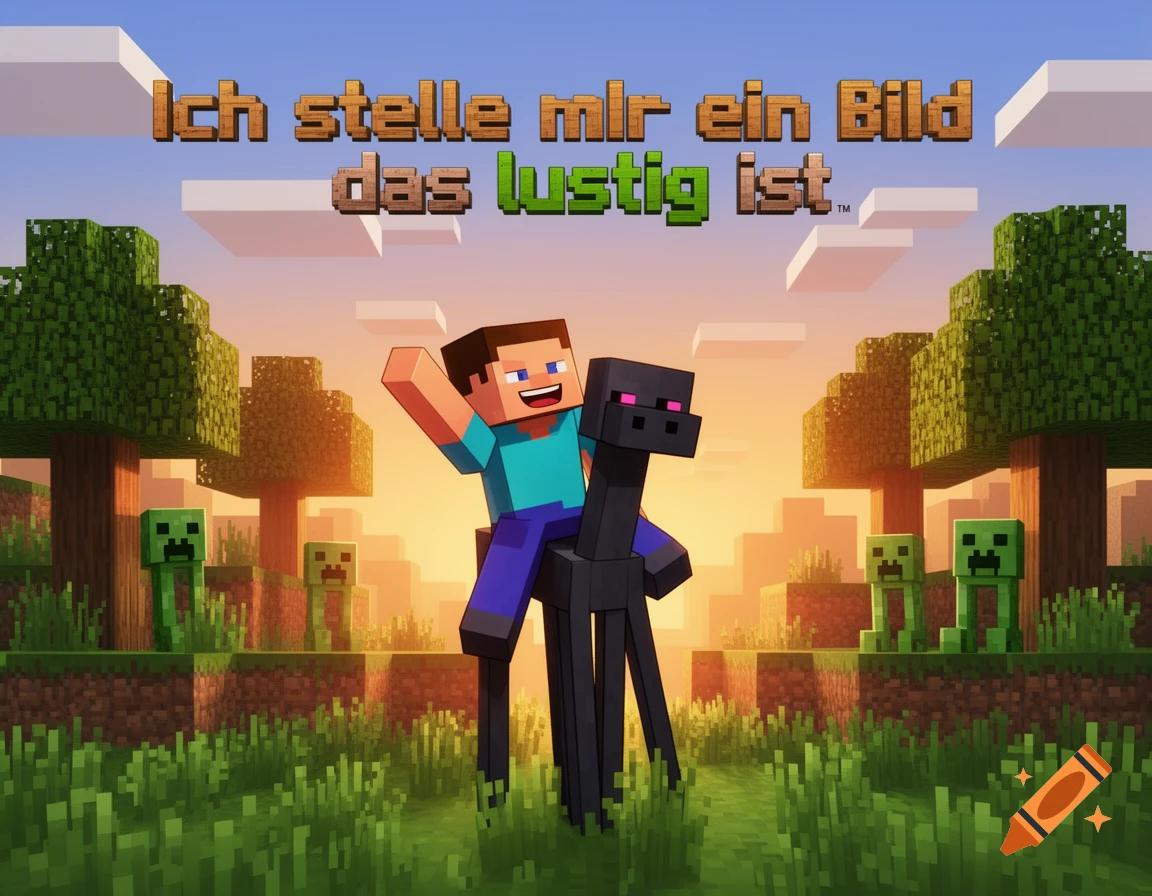 Minecraft Steve rides an Enderman with Creepers in a blocky sunset landscape, with German text above.