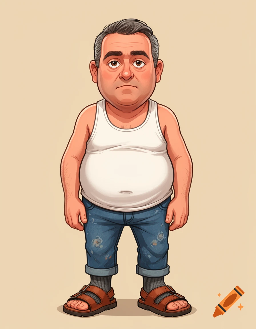 A full-body cartoon caricature of a middle-aged man with a neutral expression, wearing a white tank top, jeans, socks, and sandals, against a plain background.