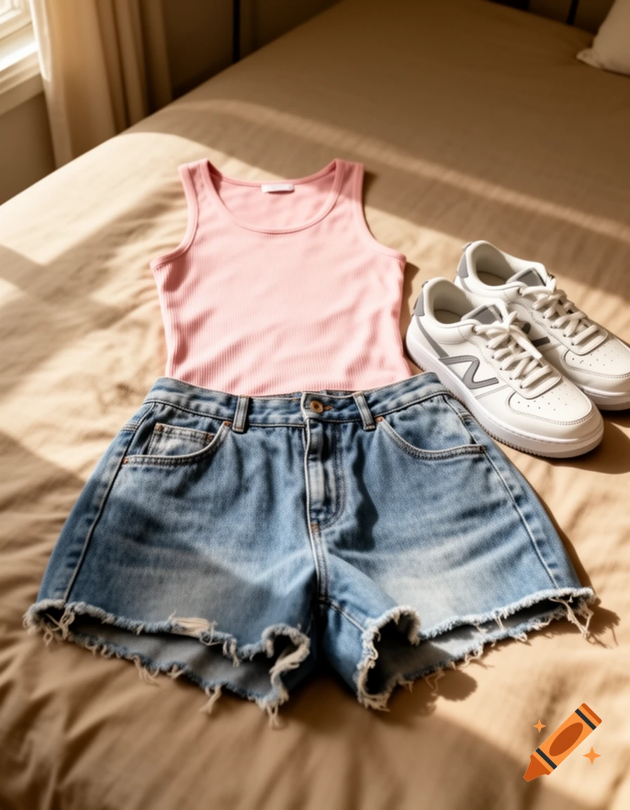 A light pink tank top, blue denim shorts, and white sneakers laid on a beige bed in soft sunlight.