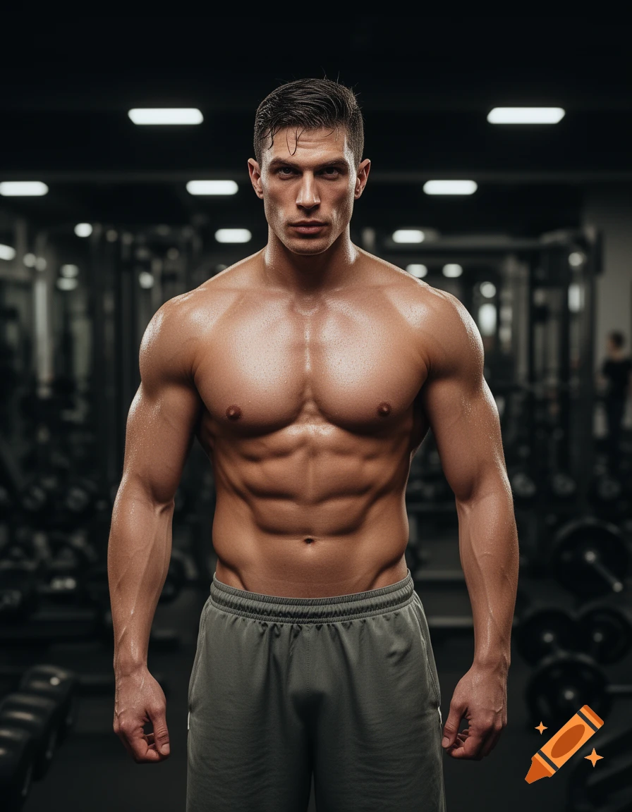A muscular, shirtless man with visible abs stands in a gym, looking directly at the camera. Photorealistic.