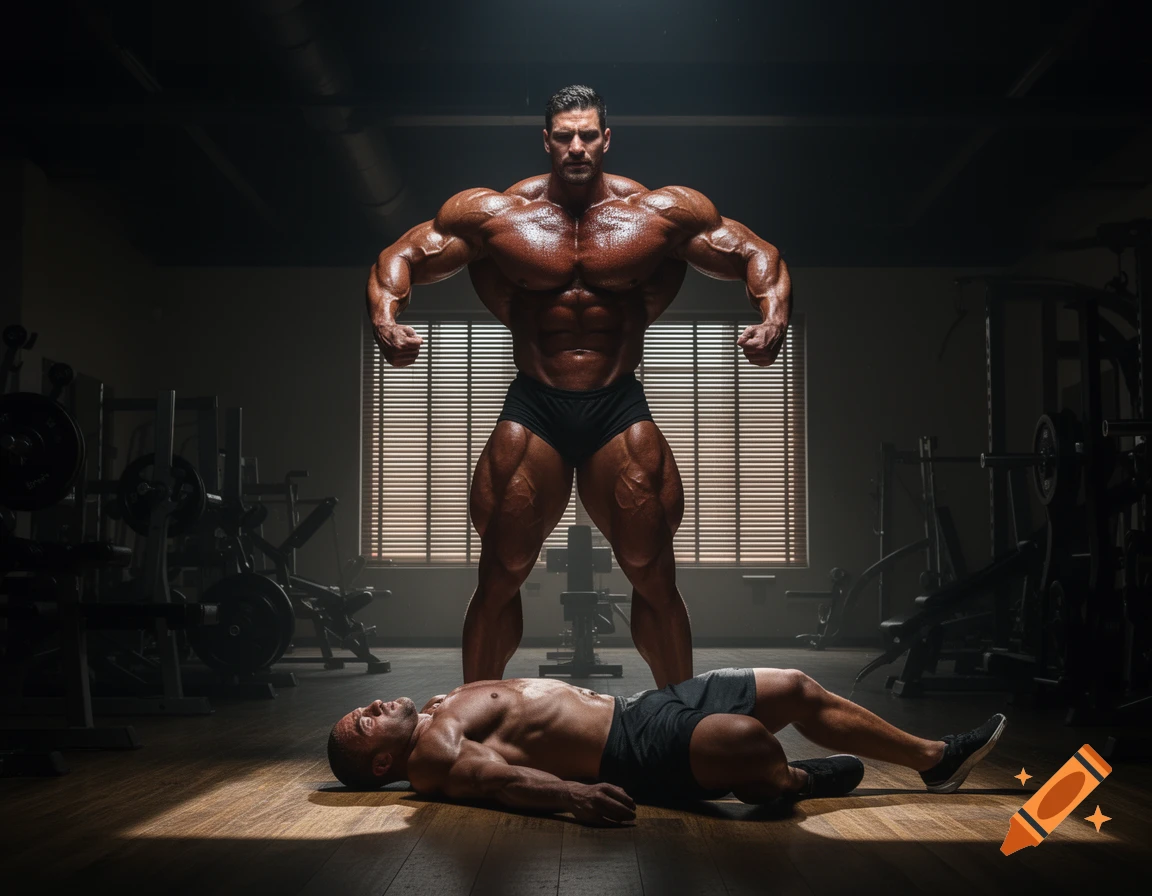 A huge, muscular bodybuilder stands over an unconscious man, flexing in a dimly lit gym, photorealistic style.