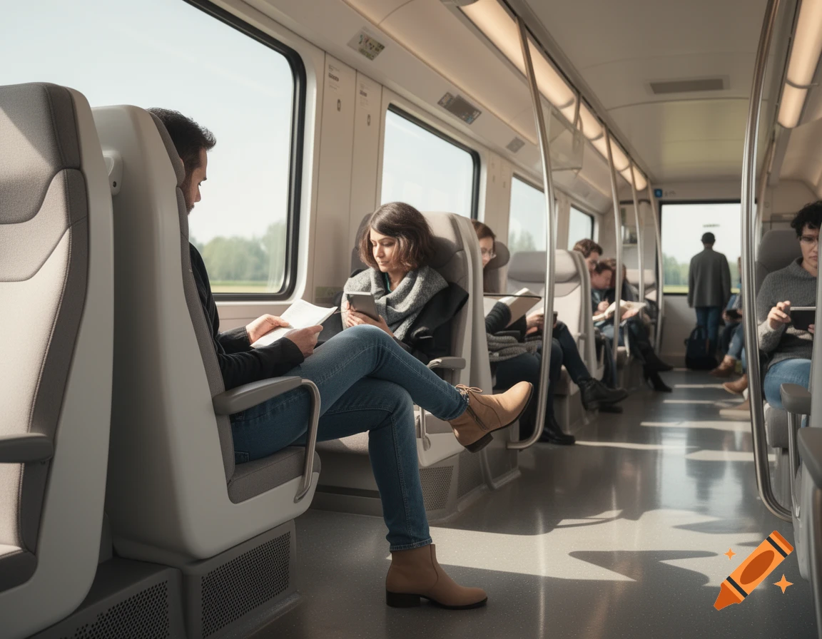 People sitting and reading or using phones on a modern train, with a person in the foreground crossing their legs.