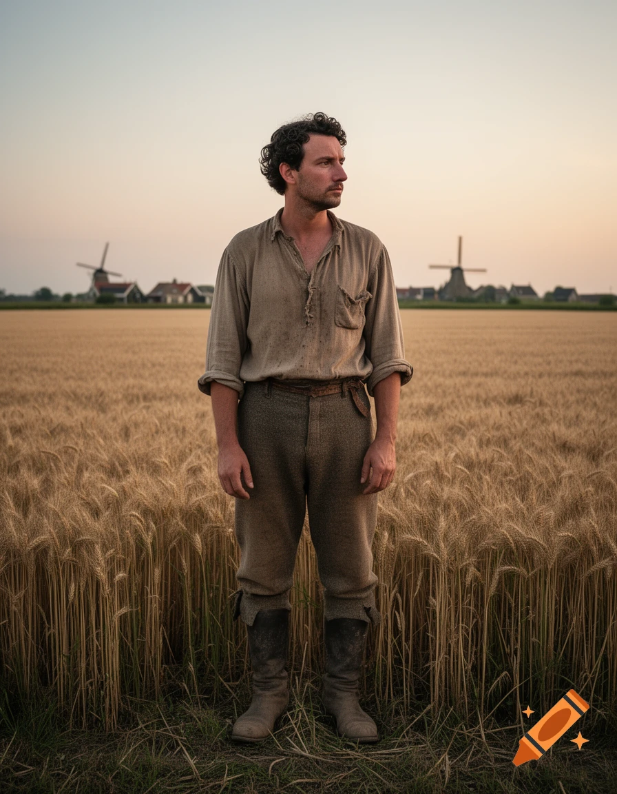 A man in a rustic shirt and pants stands in a golden wheat field with windmills in the distance at dusk.