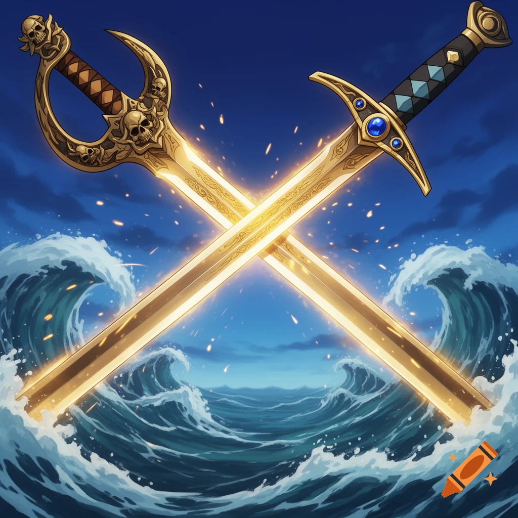 Two ornate golden pirate swords with glowing blades cross over rough ocean waves against a blue sky, anime style.