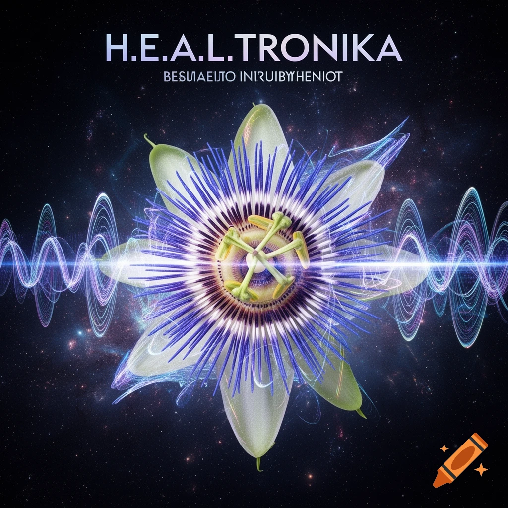 A futuristic passionflower resembling a cosmic biological instrument with glowing sound waves, against a starry background. Text 'H.E.A.L.TRONIKA' is at the top.