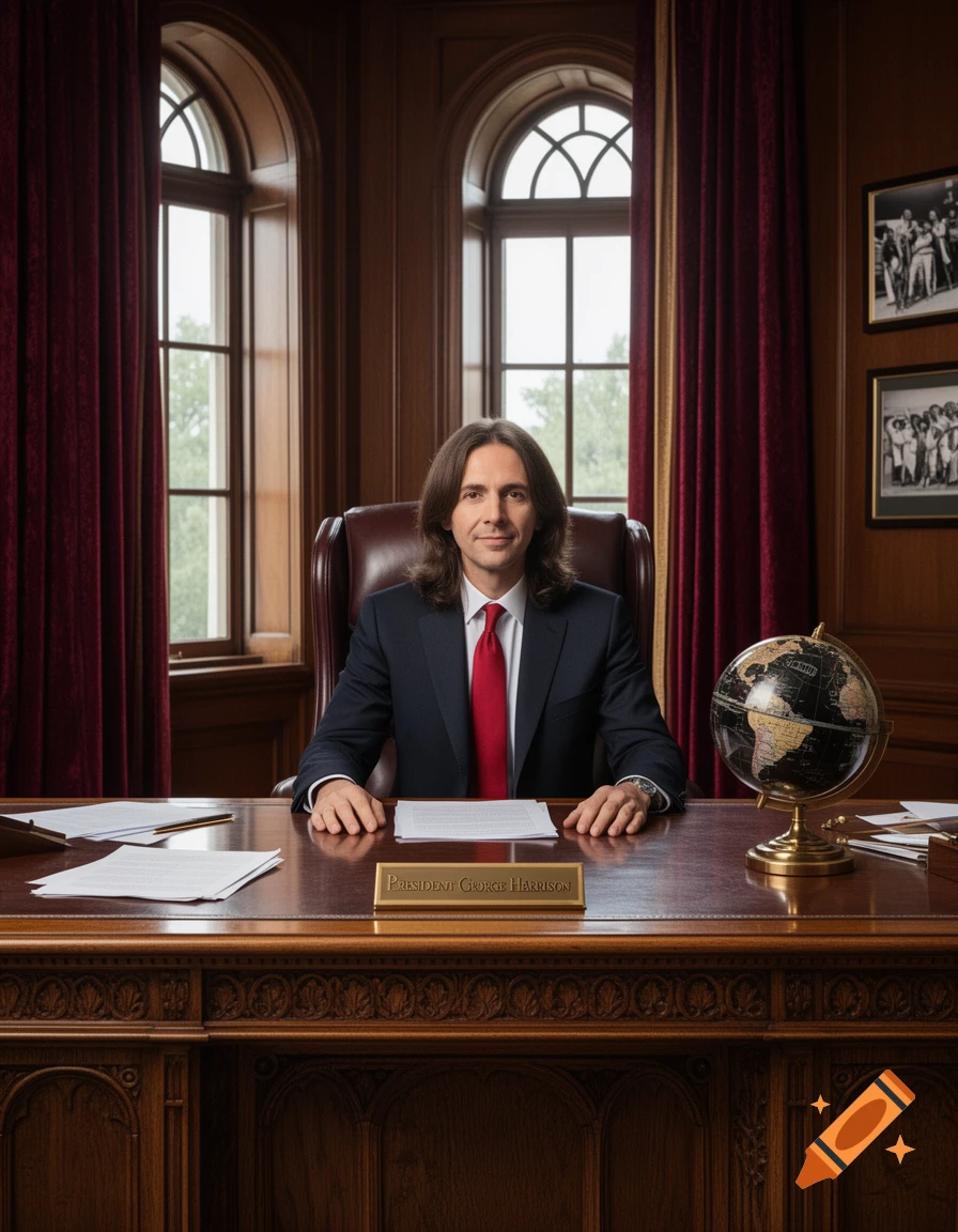 A man resembling George Harrison with long hair, wearing a suit and red tie, sits behind a large wooden desk in a formal office.