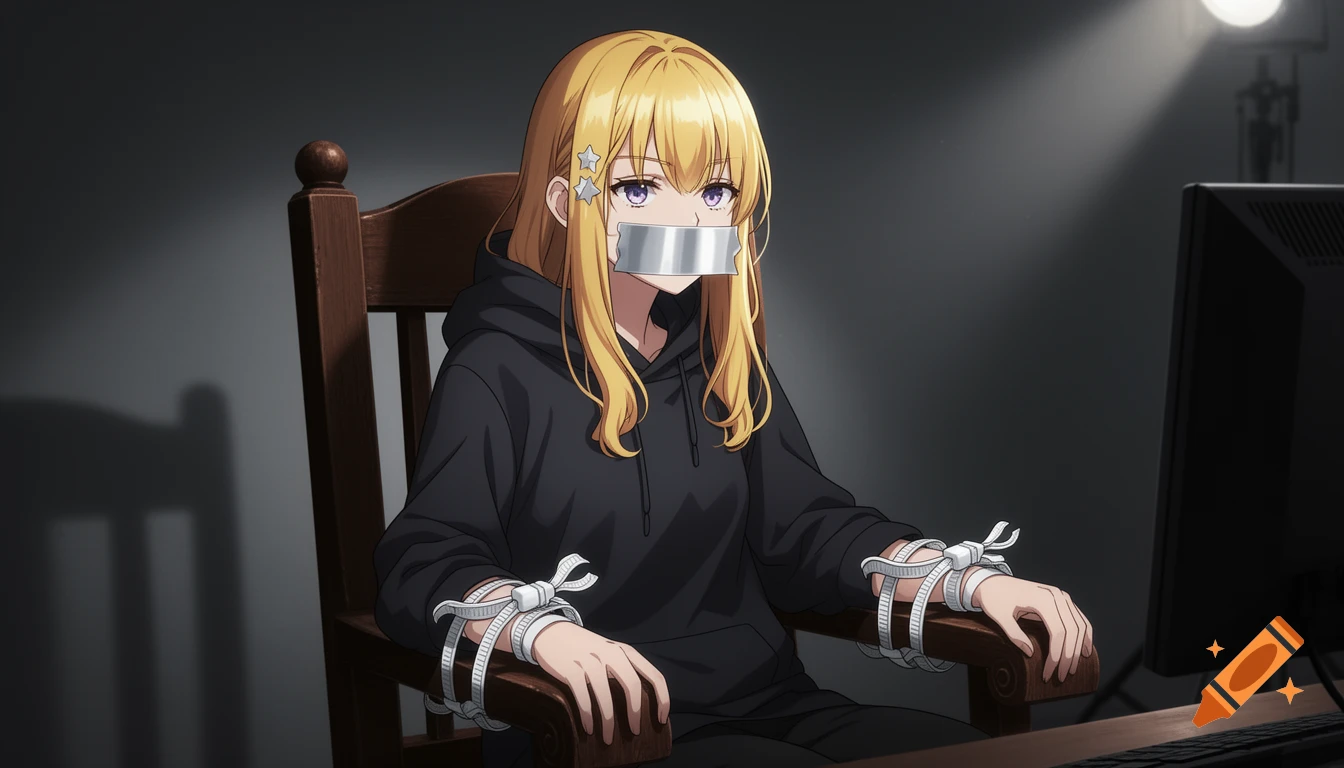 Blonde anime girl with taped mouth and zip-tied wrists, sitting in a wooden chair and looking at a monitor in a dramatic, dark room.