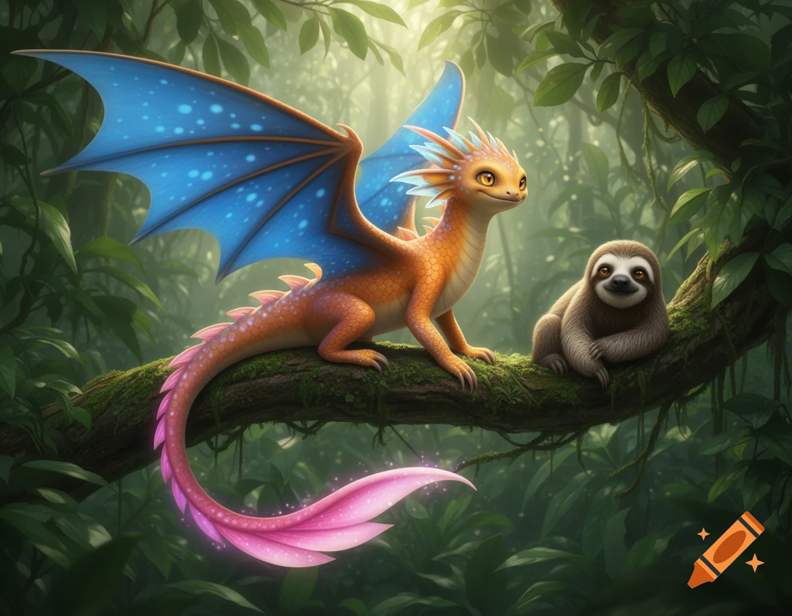 A vibrant orange and pink dragon with blue wings sits on a mossy branch next to a smiling sloth in a lush jungle.