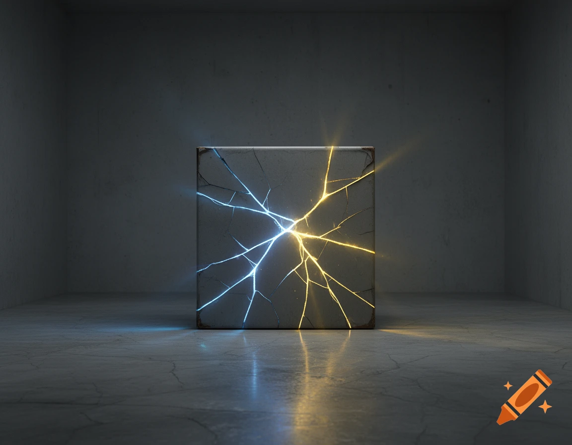 A cracked grey cube glows with blue and golden light in a dark, minimalist concrete room.